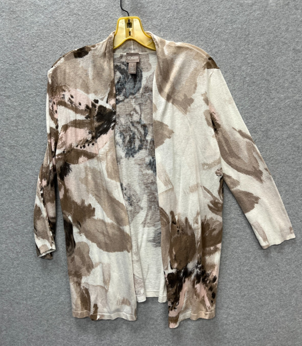 Chicos Open Front Cardigan Sweater Size M Abstract Floral Knit Brown Tan Gray